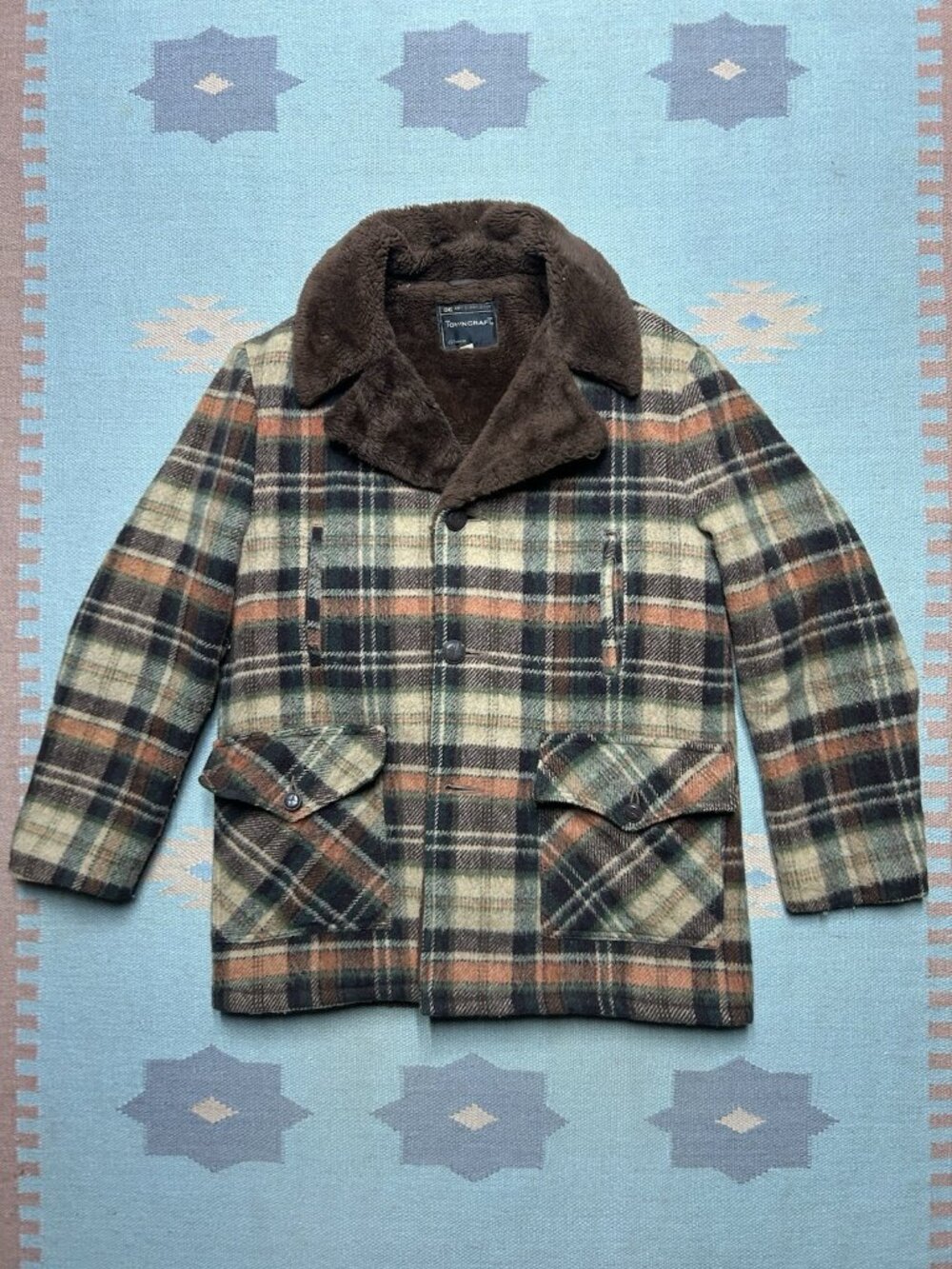 Vintage 1960s Towncraft wool mackinaw jacket faux fur lined plaid men’s medium